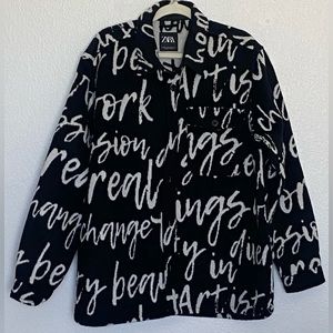 Zara Men’s Black/White Graffiti Print Fleece Jacket Letter Motif size XL